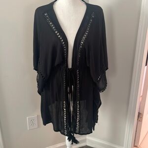 Raviya BLACK Crochet-Trim, Tie-Front Kimono Swim Cover-up, Size Med